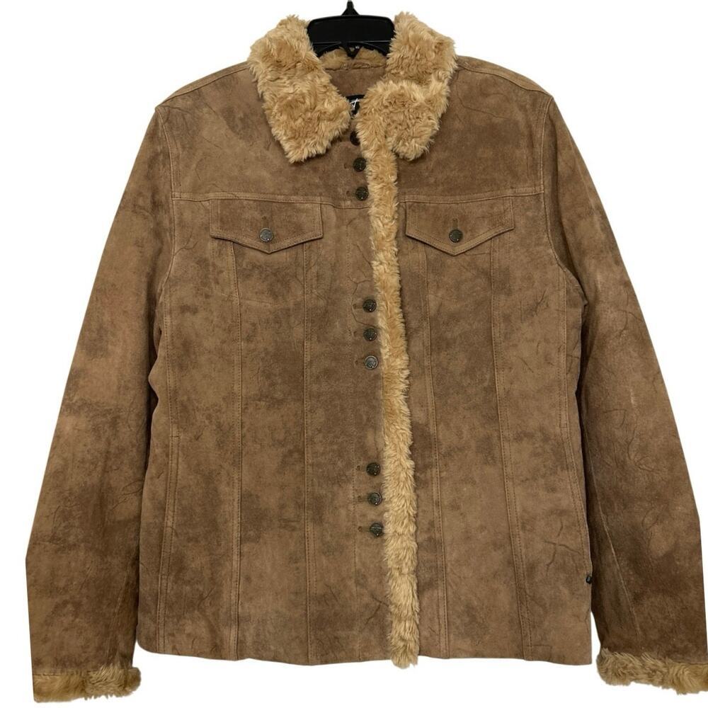 Black Rivet Brown Suede Leather Jacket Quilted Lined Sherpa Western Trucker XL - Picture 2 of 16